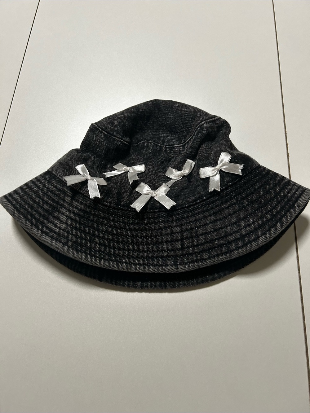 Black Bucket Hat with White Bow Accents